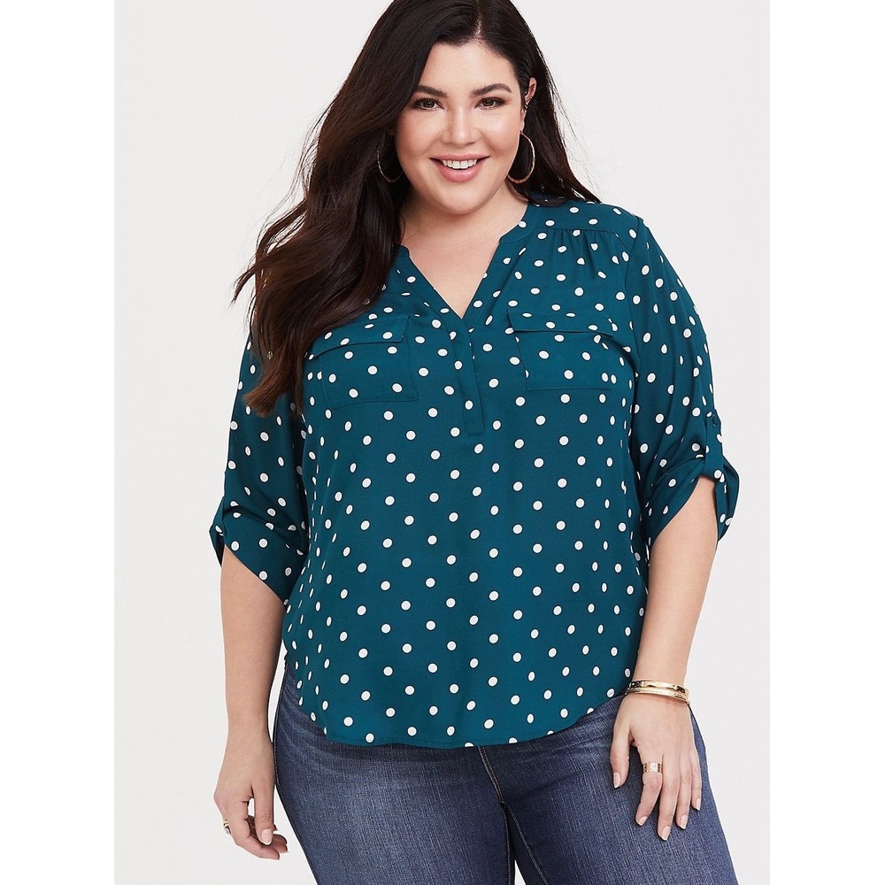 Torrid Harper Teal Green Polka Dot Roll Tab Sleeve Blouse Plus Size 3 3X